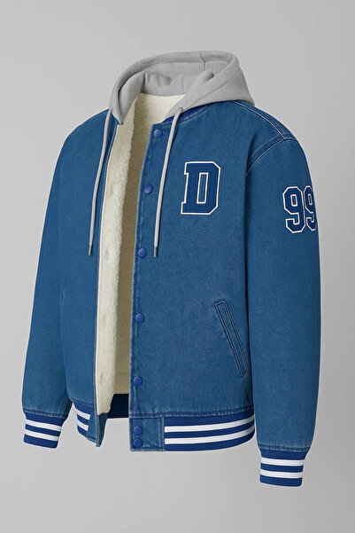 DAMGA JEANS Erkek Oversize Kışlık Kalın Mavi Kot Kolej Mont