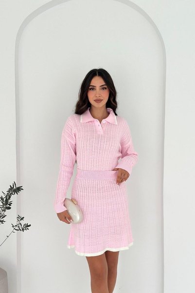 Noi Belis Hair Braid Detailed Polo Neck Knitwear Bottom Top Set Aw25Au0004