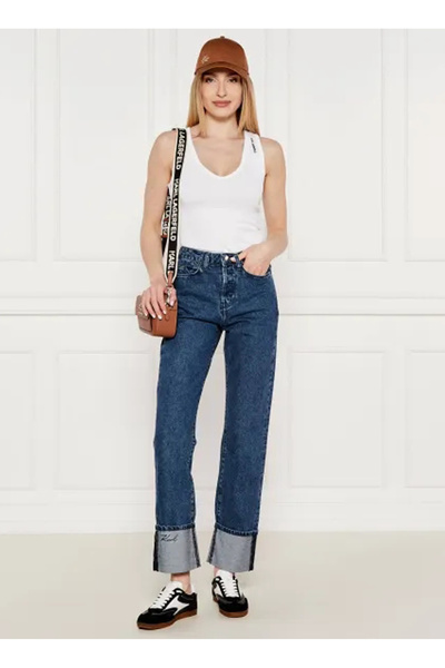 Karl Lagerfeld Yüksek Bel Düz Paça Standart Mavi Kadın Denim Pantolon A3W10017