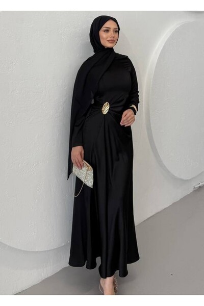 HİJABAYA Beli Drapeli Düz Saten Elbise