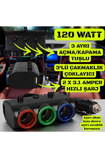 nelerbulurum TÜM ARAÇLARA UYUMLU 3 AYRI AÇMA-KAPAMA TUŞLU HIZLI ŞARJ ÇİFT USB...