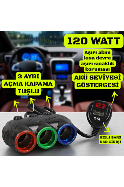 nelerbulurum TÜM ARAÇLARA UYUMLU HIZLI ŞARJ USB'Lİ 3 AYRI AÇMA KAPAMA TUŞLU DİJİTAL EKRANLI ARAÇ ÇAKMAK ÇOKLAYICI