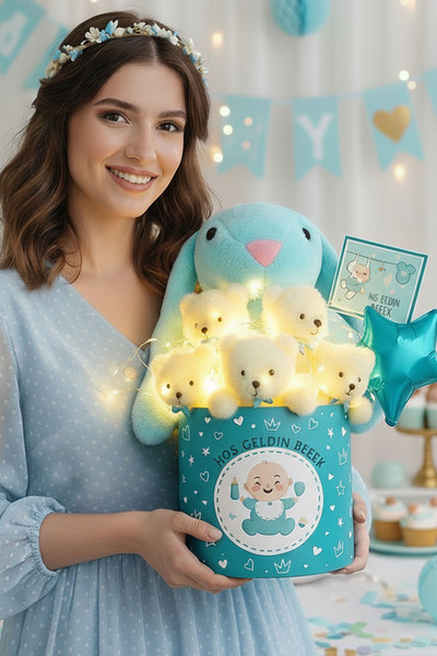 Solemia Yenidoğan Babyshower Hediyesi LED Işıklı Peluş Ayıcık Buketi Uyku Ark...