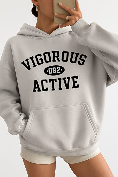 CLASSY.MODA Hanorac oversize cu glugă și buzunar cangur, cu textul VIGOROUS A...