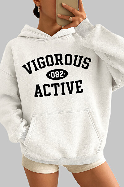 CLASSY.MODA سترة رياضية فضفاضة بقلنسوة وجيب كنغر مع كتابة VIGOROUS ACTIVE على...