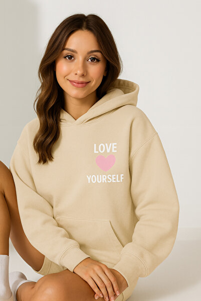 CLASSY.MODA Γυναικείο φούτερ με κουκούλα και τσέπη καγκουρό, oversize, με κείμενο LOVE YOURSELF στο μπροστινό μέρος, άνετο και casual