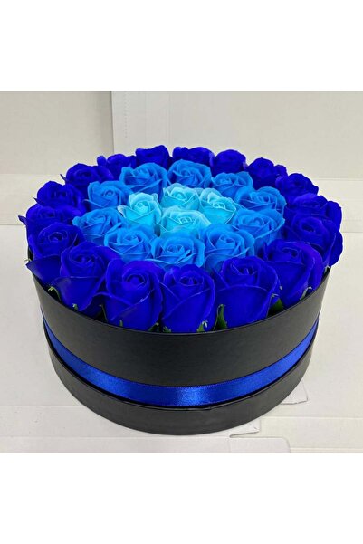 velve Aranjament floral cu 31 trandafiri sapun in cutie rotunda neagra, albastru, Albastru