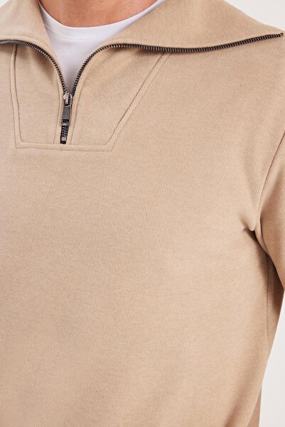 Tudors Unisex Relax Fit Rahat Kesim Fitilli Desenli Pamuklu Yarım Fermuarlı Bej Dik Yaka Sweatshirt