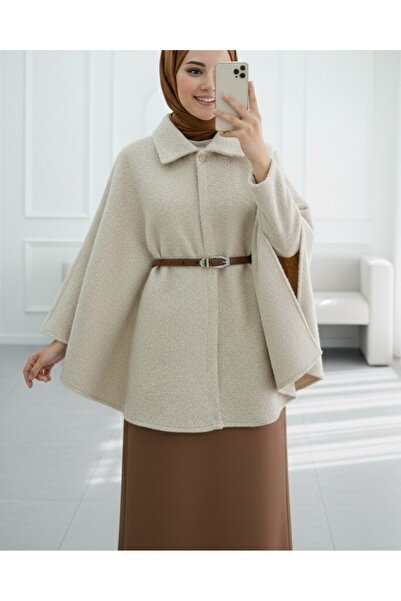 Modamorfo Single Button Belted Bearded Poncho -Beige
