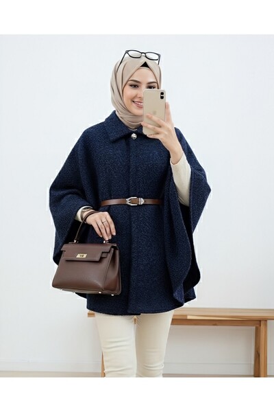 Modamorfo Single Button Belted Bearded Poncho - Navy