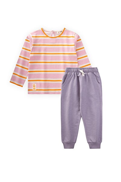 Cigit طقم تي شيرت مخطط بأكمام طويلة للأعمار من 2 إلى 12 سنة، مخطط باللون الوردي والبرتقالي