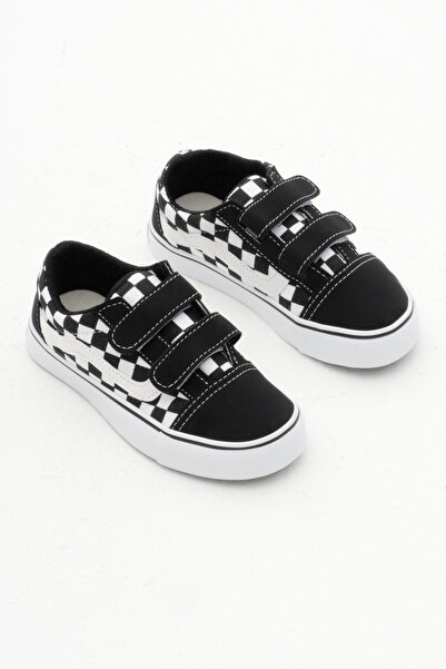 Tonny Black Children's Unisex Black and White Leather Rubber Sole Linen Velcro Sports Shoes