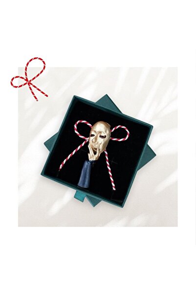 Pursehuit Broșă aurie, formă de mască de teatru, cu șnur de mărțișor și cutie...