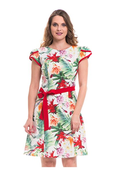 AD Fashion Multi-colored print wedge dress, accessorized with a plain red cord at the waist 02R279i279 - 46 EU