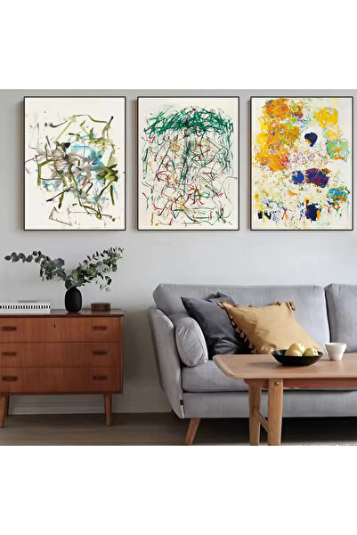 Linacci 3lü Siyah Metal Çerçeve Modern Renkli Gerçek Cam Tablo Seti