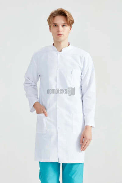 DEMOTEKS Men's long white lab coat uniform - with three pockets, long sleeves, tunic collar