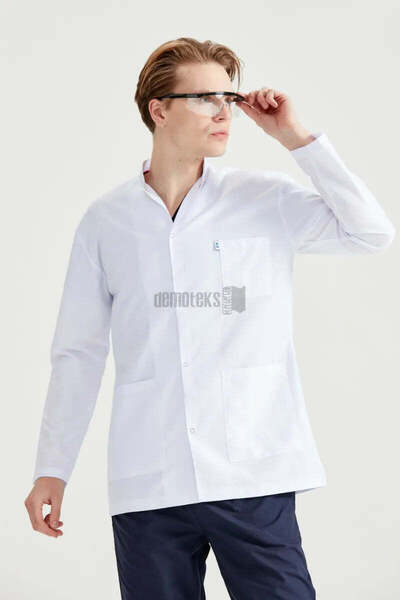 DEMOTEKS Men's white short medical lab coat uniform - with three pockets, long sleeves, tunic collar