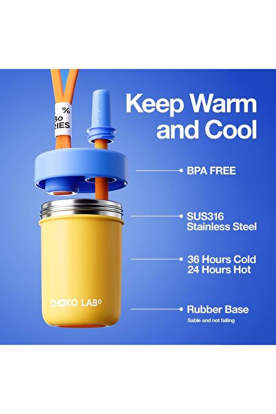 CHAKO LAB Kids Water Bottle with Carrying Rope and Straps | Vacuum Insulated Stainless Steel 16oz