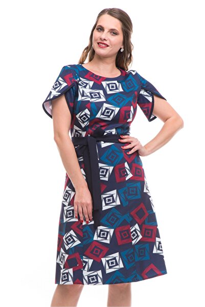 AD Fashion Multi-colored print wedge dress, accessorized with a plain navy blue cord at the waist 04R171i171 -