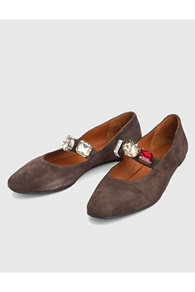 İLVİ Litoni Genuine Suede Leather Brown Women's Ballerinas