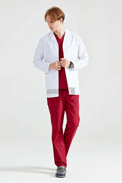 DEMOTEKS Men's white short medical lab coat uniform - with three pockets, long sleeves, lapel collar