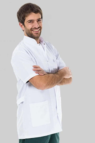 DEMOTEKS Men's white short medical lab coat uniform - with three pockets, short sleeves, tunic collar