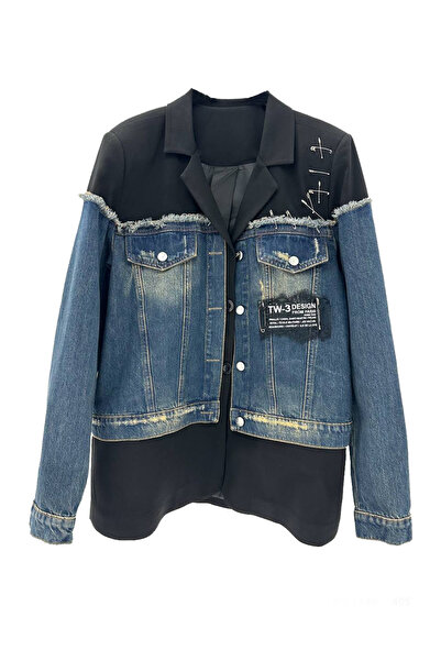 tw3 Jachetă blazer pentru femei, cu detaliu de ace, cu garnitură din denim