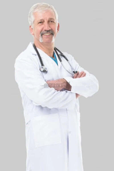 DEMOTEKS Men's long white lab coat uniform - with three pockets, long sleeves, lapel collar