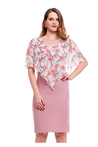 AD Fashion Rochie conica roz pal cu capa din voal imprimat 01R22i2048 - 42 EU