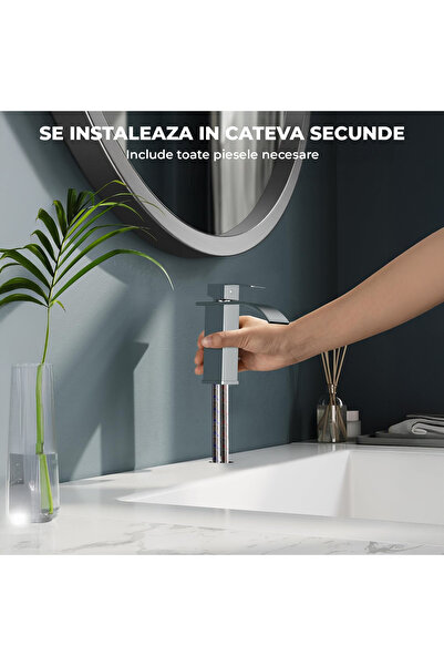 Elindor Baterie înaltă pentru chiuvetă argintie ®, tip cascadă, baterie modernă, 14 cm, nichel periat