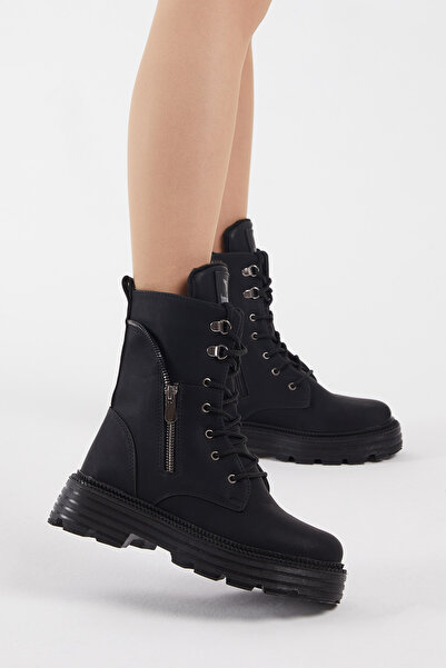 Tonny Black Γυναικείες μπότες με μαύρη σόλα με φερμουάρ με λεπτομέρεια άνετης εφαρμογής με κορδόνια