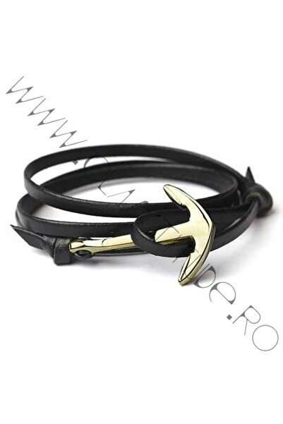 KESNUP Brățară cu Ancoră Aurie și Șnur din Piele Neagră