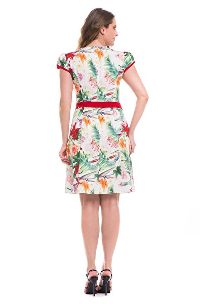 AD Fashion Multi-colored print wedge dress, accessorized with a plain red cord at the waist 02R279i279 - 46 EU