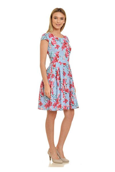 AD Fashion Rochie din in albastra cu imprimeu roz R085i943 - 40 EU