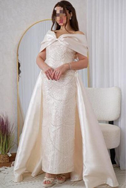 zourina Elegant Ivory Evening Dress with Long Cape and Luxurious Pearl Embroi...