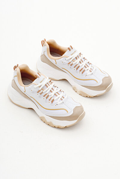 Tonny Black Kadın Krem Rahat Kalıp Yüksek Taban Bağcıklı Spor Ayakkabı