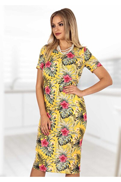 AD Fashion Rochie cu imprimeu pe fond galben si buzunare 56R2112i2112 - 38 EU