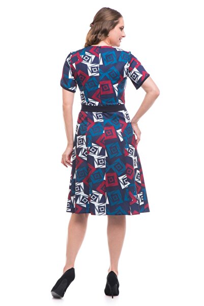 AD Fashion Multi-colored print wedge dress, accessorized with a plain navy blue cord at the waist 04R171i171 -