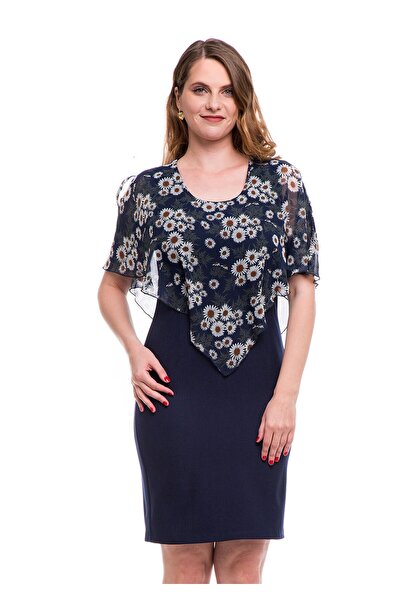 AD Fashion Rochie conica bleumarin cu capa din voal imprimat 001R128005 - 38 EU