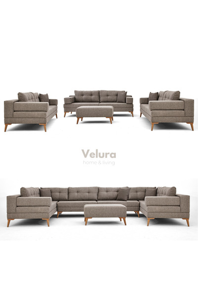 Velura Home & Living Zeri 3+3+3 Yataklı Puzzle Modüler U Köşe Koltuk Takımı & Puflu Köşe Takımı - Sütlü Kahve 160
