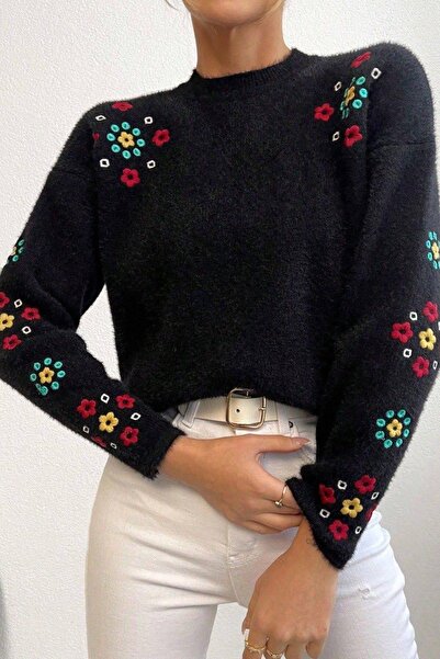 Ded COLLECTION Pulover de tricotat cu textura moale, cu broderie cu flori colorate, cu gât rotund, pentru femei