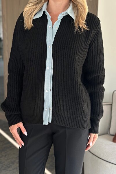 Laluvia Black Denim Cardigan with Snap Buttons - 231068