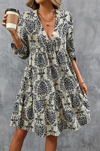 Mossta V-подібний комір, міні-сукня з воланами - синя