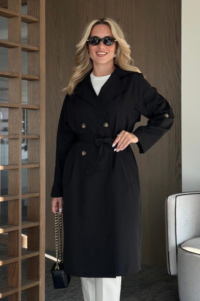 Laluvia Black Long Flowy Trench Coat - 7310