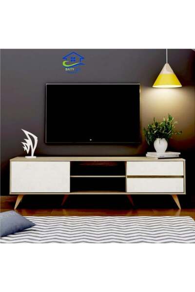 BAITY Elegant Wooden TV Table with Storage Drawers, 179 cm, Beige and White Color