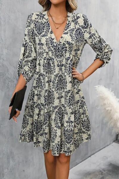 Mossta V-подібний комір, міні-сукня з воланами - синя