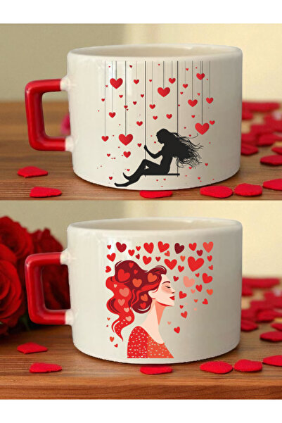 lili hediyelik Heart-Shaped Women's Printed 2-Piece Coffee Cup - Women's Vale...