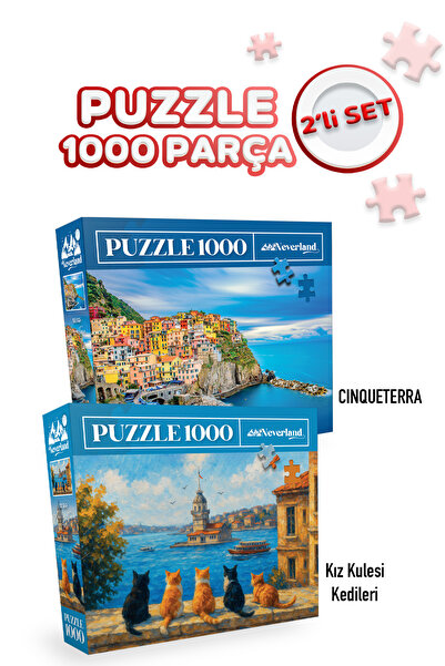 Neverland 2 ADET 1000 PARÇA PUZZLE- CINQUE TERRE VE KIZ KULESİ KEDİLERİ