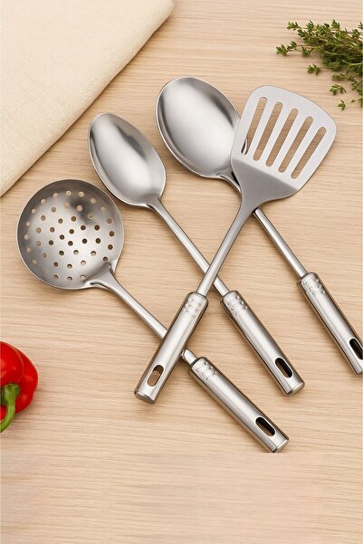 Buffer ®   4-Piece Steel Ladle, Strainer, Serving Spoon, Spatula Kitchen Food Preparation Serving Set