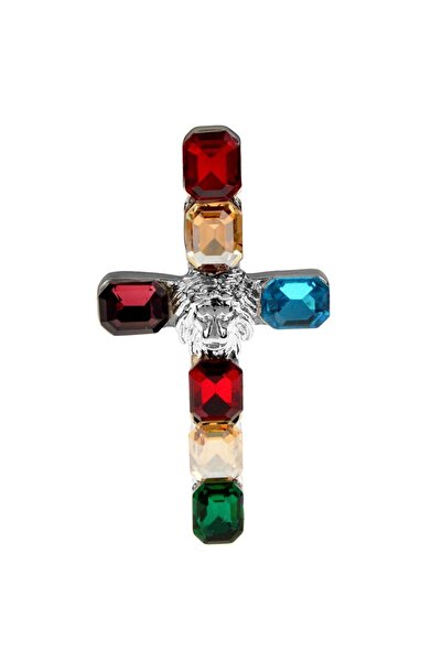 Pursehuit Broșă culoare argintie, în formă de cruce, cu pietre multicolore, K...